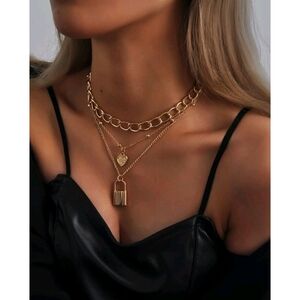 Anthropologie Minimalist Trendy Layered Gold Heart and Lock Pendant Necklace